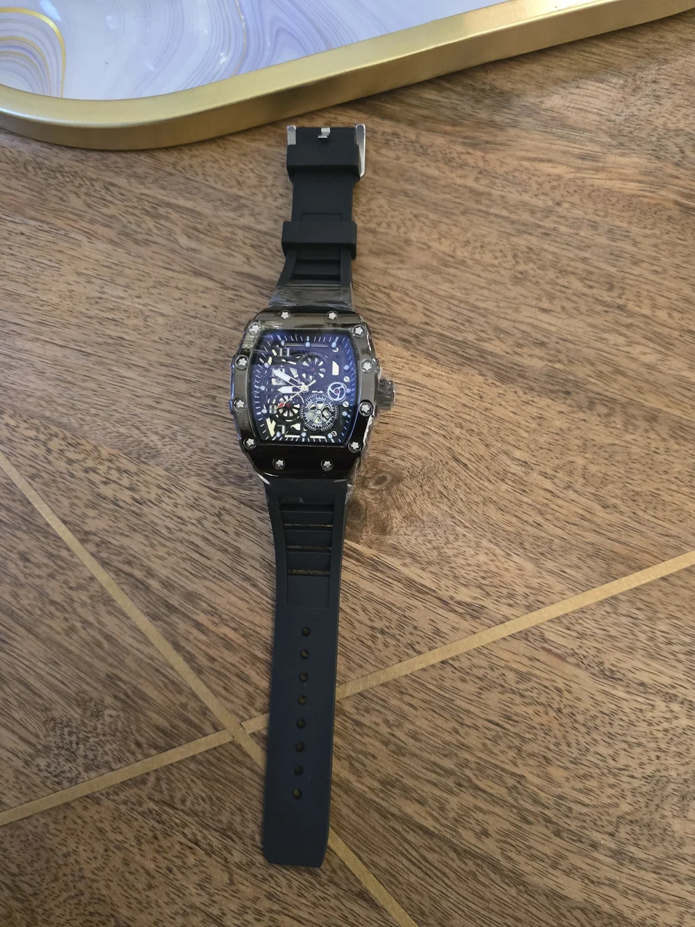 Men's Black Skeleton Dial Sport Watch with Rubber Strap